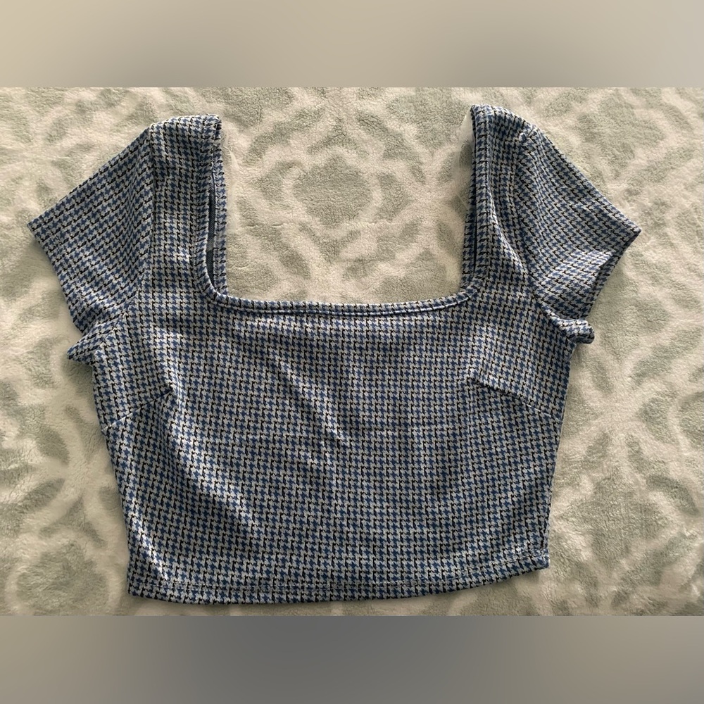 Blue Houndstooth Square-Neck Crop Top
